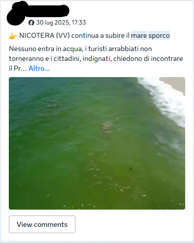 Esempio di post di segnalazione di mare sporco