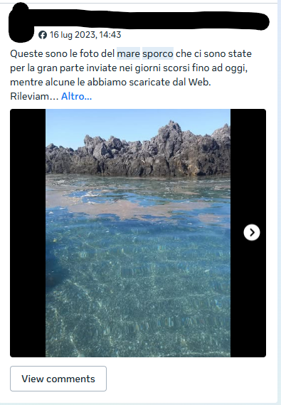 Esempio di post di segnalazione di mare sporco