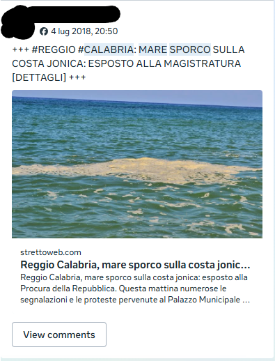 Esempio di post di segnalazione di mare sporco